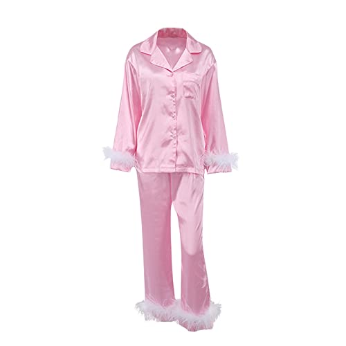 Damen Schlafanzug Set, Satin Langarm Pyjamas Set Zweiteiliger Nachtwäsche Mit Knöpfen und Federn Sleepwear Loungewear PJs (Rosa, L) von Alaurbeauty