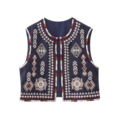 Alaurbeauty Damen Vintage Floral Stickerei Weste Retro Ärmellos Boho Westen Top Casual Open Front Cardigan Jacke Y2k Blumenweste Streetwear (Marineblau, M) von Alaurbeauty