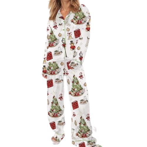 Alaurbeauty Damen Weihnachtspyjama Lange Schlafanzug, Satin, Langarm, Knopfleiste, Nussknacker-Druck, Seide Weihnachten Pyjama Set Nachtwäsche Hausanzug (Beige, S) von Alaurbeauty