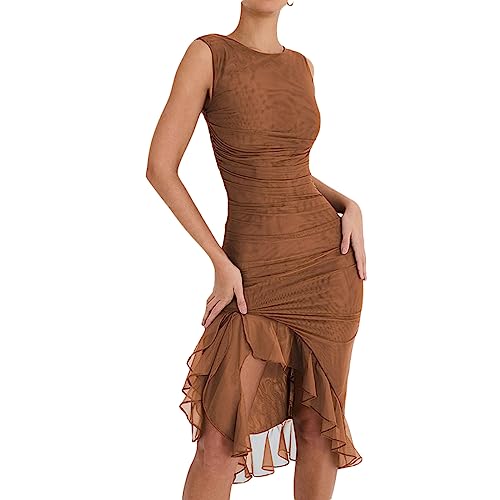 Alaurbeauty Damen Y2K Rüschenkleid Sommer Durchsichtig Fransen Langes Kleid Hängender Hals Offener Rücken Unregelmäßige Rüschen Kleid (A-Brown, L) von Alaurbeauty