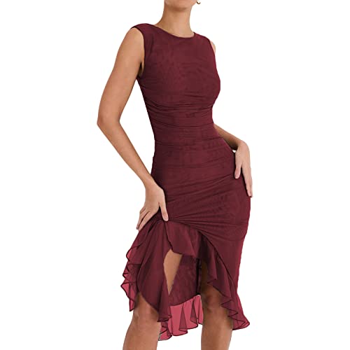 Alaurbeauty Damen Y2K Rüschenkleid Sommer Durchsichtig Fransen Langes Kleid Hängender Hals Offener Rücken Unregelmäßige Rüschen Kleid (A-Wine Red, L) von Alaurbeauty