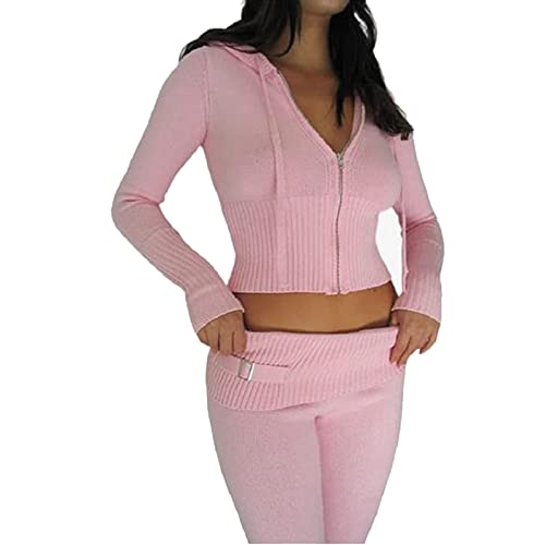 Alaurbeauty Damen Y2K Zweiteiler Hose und Pullover Strick Reißverschluss Up Crop Hoodies Vintage Sweatshirts mit Kapuze und Hose 90er Lounge Set (A-Rosa, M) von Alaurbeauty