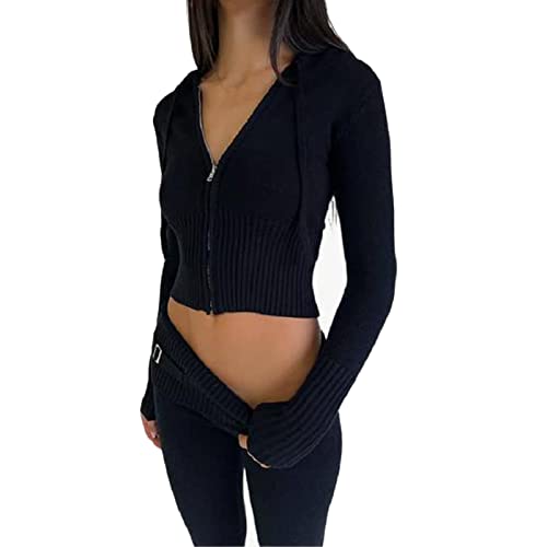 Alaurbeauty Damen Y2K Zweiteiler Hose und Pullover Strick Reißverschluss Up Crop Hoodies Vintage Sweatshirts mit Kapuze und Hose 90er Lounge Set (A-Schwarz, S) von Alaurbeauty