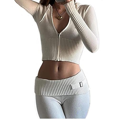 Alaurbeauty Damen Y2K Zweiteiler Hose und Pullover Strick Reißverschluss Up Crop Hoodies Vintage Sweatshirts mit Kapuze und Hose 90er Lounge Set (A-Weiss, M) von Alaurbeauty