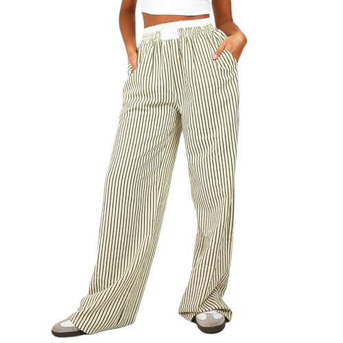 Alaurbeauty Damen Y2k Loungehose Pyjamahose, gestreift, weitem Bein, elastische Taille, lässig locker Hose mit Tasche lange Freizeithose Streetwear (Grün, M) von Alaurbeauty