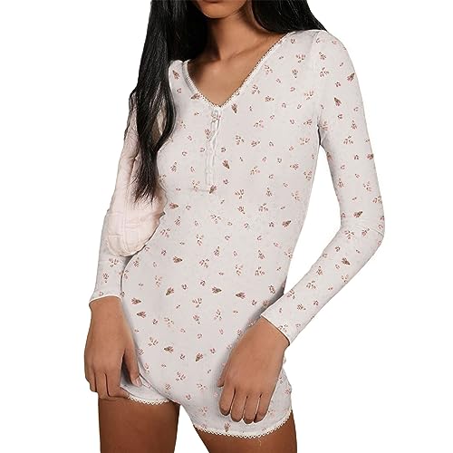 Alaurbeauty Damen Y2k One Piece Playsuit, Floral Print V Neck Button-Down Bodysuit Langarm Rompers Pyjama Shorts für Damen (Rosa, S) von Alaurbeauty