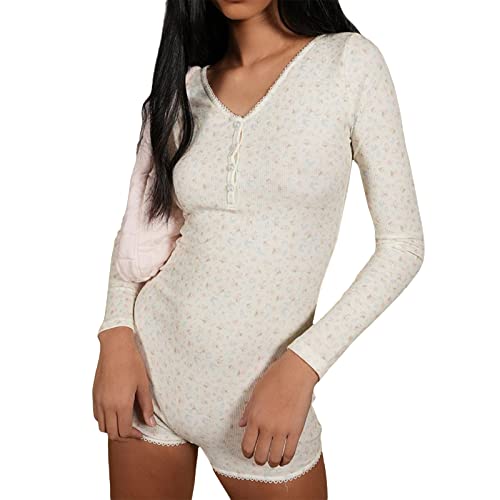 Alaurbeauty Damen Y2k One Piece Playsuit, Floral Print V Neck Button-Down Bodysuit Langarm Rompers Pyjama Shorts für Damen (Weiß, S) von Alaurbeauty