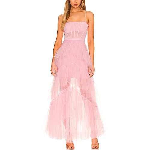 Alaurbeauty Damen Y2k Square Neck Low Cut Ärmellos Bustier Lange Maxi Rüschen Tulle Kleid Spaghettiträger Tiered Ruffle Hem Maxi Sommerkleid Strandkleid (Pink, S) von Alaurbeauty