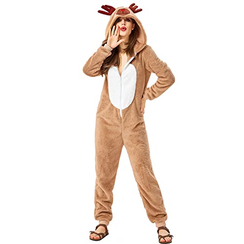Alaurbeauty Erwachsen Kinder Weihnachten Rentier Kostüm Damen Mädchen Langarm Jumpsuit Pyjamas mit Kapuze Einteilig Overall Onesie Schlafanzug Nachtwäsche Karnevalkostüm (Khaki Damen, L) von Alaurbeauty