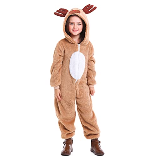 Alaurbeauty Erwachsen Kinder Weihnachten Rentier Kostüm Damen Mädchen Langarm Jumpsuit Pyjamas mit Kapuze Einteilig Overall Onesie Schlafanzug Nachtwäsche Karnevalkostüm (Khaki Kinder, 3-4 Years) von Alaurbeauty