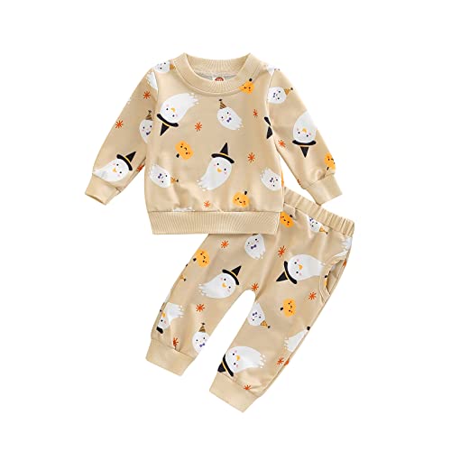 Alaurbeauty Halloween Infant Baby Clothes Set, Round Neck Long Sleeve Ghost Pumpkin Pattern Print Pullover Tops Elastic Waist Trousers with Pocket (H-Beige, 0-6 Months) von Alaurbeauty