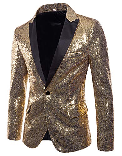 Alaurbeauty Herren Slim Fit Sakko Blazer Anzugjacke Freizeit EIN-Knopf Pailletten Glitter Anzug Jacke Karneval Kostüm für Hochzeit Party Festlich (Gold, M) von Alaurbeauty