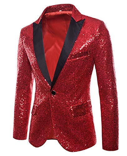 Alaurbeauty Herren Slim Fit Sakko Blazer Anzugjacke Freizeit EIN-Knopf Pailletten Glitter Anzug Jacke Karneval Kostüm für Hochzeit Party Festlich (Rot, M) von Alaurbeauty