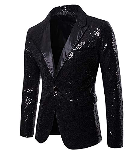 Alaurbeauty Herren Slim Fit Sakko Blazer Anzugjacke Freizeit EIN-Knopf Pailletten Glitter Anzug Jacke Karneval Kostüm für Hochzeit Party Festlich (Schwarz, XXL) von Alaurbeauty