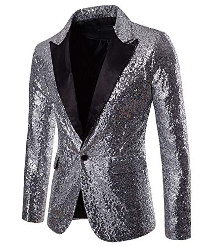 Alaurbeauty Herren Slim Fit Sakko Blazer Anzugjacke Freizeit EIN-Knopf Pailletten Glitter Anzug Jacke Karneval Kostüm für Hochzeit Party Festlich (Silber, XXL) von Alaurbeauty