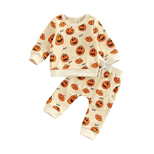 Alaurbeauty Neugeborenes Baby Jungen Mädchen Halloween Outfit Mein Erstes Halloween Kürbis Sweatshirt Oberteil Hosen mit Kordelzug Set(A-Aprikose,0-3 Monate) von Alaurbeauty