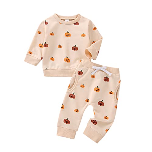 Alaurbeauty Neugeborenes Baby Jungen Mädchen Halloween Outfit Mein Erstes Halloween Kürbis Sweatshirt Oberteil Hosen mit Kordelzug Set(B-Aprikose,0-6 Monate) von Alaurbeauty