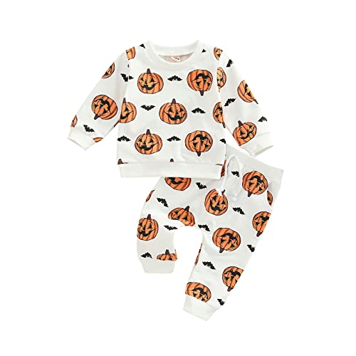 Alaurbeauty Neugeborenes Baby Jungen Mädchen Halloween Outfit Mein Erstes Halloween Kürbis Sweatshirt Oberteil Hosen mit Kordelzug Set(C-Weiße Fledermaus,0-6 Monate) von Alaurbeauty