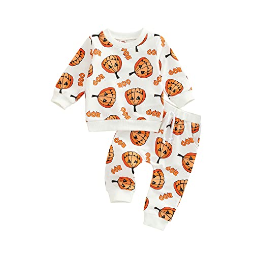 Alaurbeauty Neugeborenes Baby Jungen Mädchen Halloween Outfit Mein Erstes Halloween Kürbis Sweatshirt Oberteil Hosen mit Kordelzug Set(C-Weißer Kürbis,12-18 Monate) von Alaurbeauty