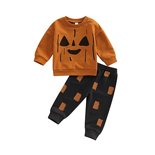 Alaurbeauty Neugeborenes Baby Jungen Mädchen Halloween Outfit Mein Erstes Halloween Kürbis Sweatshirt Oberteil Hosen mit Kordelzug Set(D-Kurkuma,12-18 Monate) von Alaurbeauty