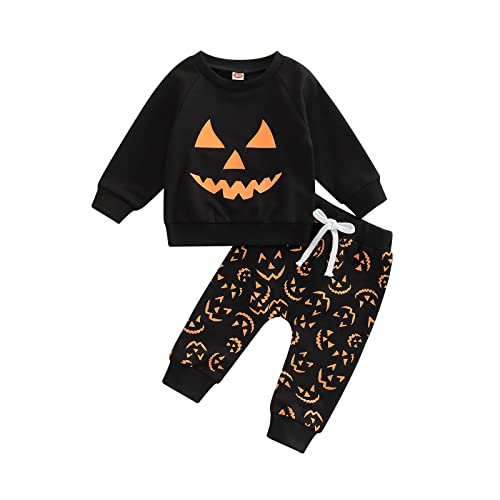 Alaurbeauty Neugeborenes Baby Jungen Mädchen Halloween Outfit Mein Erstes Halloween Kürbis Sweatshirt Oberteil Hosen mit Kordelzug Set(E-Black Orange,2-3T) von Alaurbeauty