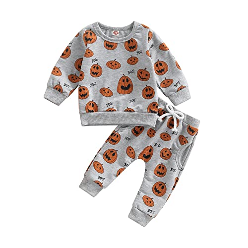 Alaurbeauty Neugeborenes Baby Jungen Mädchen Halloween Outfit Mein Erstes Halloween Kürbis Sweatshirt Oberteil Hosen mit Kordelzug Set (A-Grau, 18-24 Monate) von Alaurbeauty