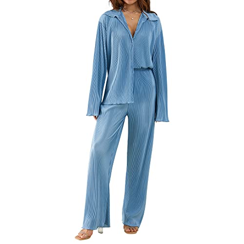 Alaurbeauty Plissee Loungewear Set Damen 2 Teilig Button Down Bluse Langarm Hohe Taille Weites Bein Hosen Sets Hose mit Top Elegant Sommer(F-Blau,Small) von Alaurbeauty