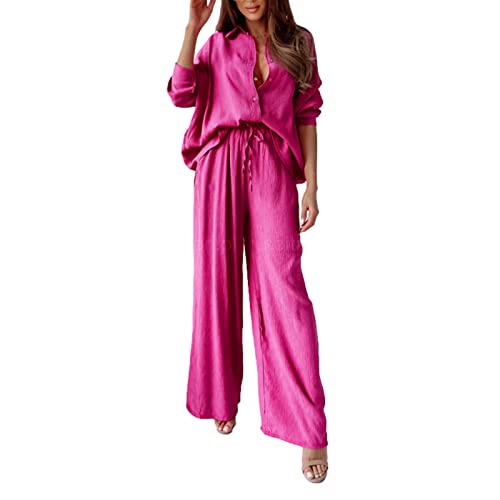 Alaurbeauty Plissee Loungewear Set Damen 2 Teilig Button Down Bluse Langarm Hohe Taille Weites Bein Hosen Sets Hose mit Top Elegant Sommer(H-Rosenrot,Medium) von Alaurbeauty
