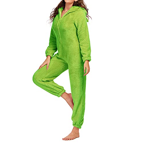 Alaurbeauty Plüsch Jumpsuit Onesie Damen Schlafoveralls Mit Bär Ohr Hut Einteiler Mädchen Pyjamas Kuscheliges Schlafanzug Langarm Strampler Für Herbst Winter (Grün, XL) von Alaurbeauty