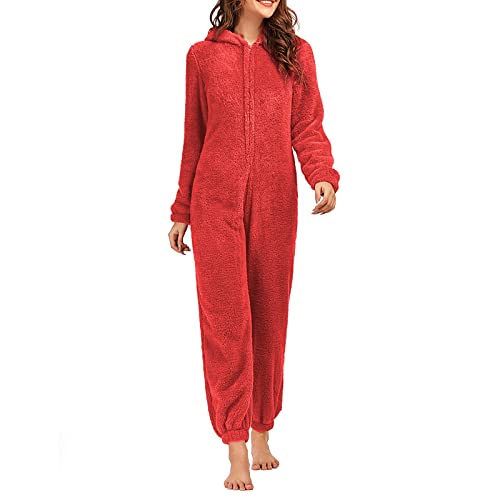 Alaurbeauty Plüsch Jumpsuit Onesie Damen Schlafoveralls Mit Bär Ohr Hut Einteiler Mädchen Pyjamas Kuscheliges Schlafanzug Langarm Strampler Für Herbst Winter (Rot, XXXL) von Alaurbeauty