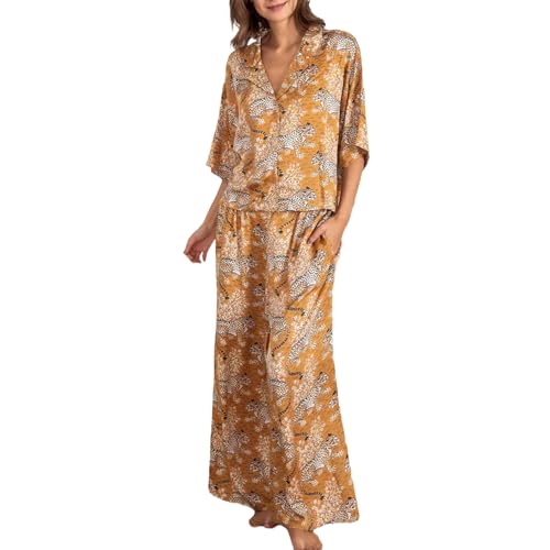 Alaurbeauty Seiden Satin Damen Schlafanzug mit Knopfleiste Geparddruck Halbe Ärmel Lange Hose Pyjama Sets Zweiteiliger Nachtwäsche Hausanzug (Gelb, L) von Alaurbeauty