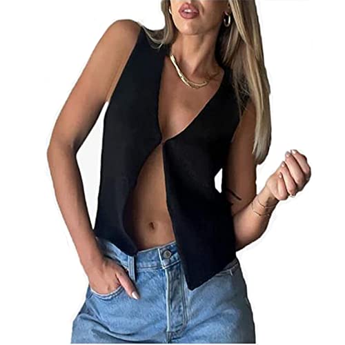 Alaurbeauty Sexy Kurze Weste Damen Strick mit V-Ausschnitt Cardigan Strickweste Ärmellos Y2K Vintage Strick Tank Top Streetwear (A-Schwarz, L) von Alaurbeauty