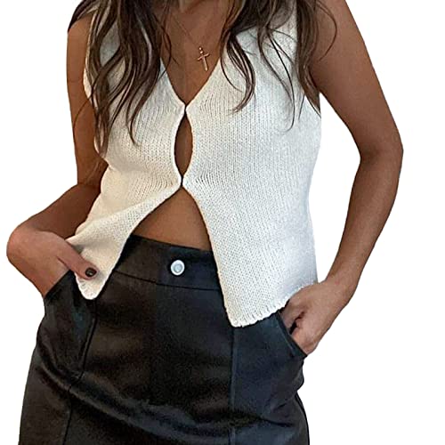 Alaurbeauty Sexy Kurze Weste Damen Strick mit V-Ausschnitt Cardigan Strickweste Ärmellos Y2K Vintage Strick Tank Top Streetwear (A-Weiß , L ) von Alaurbeauty