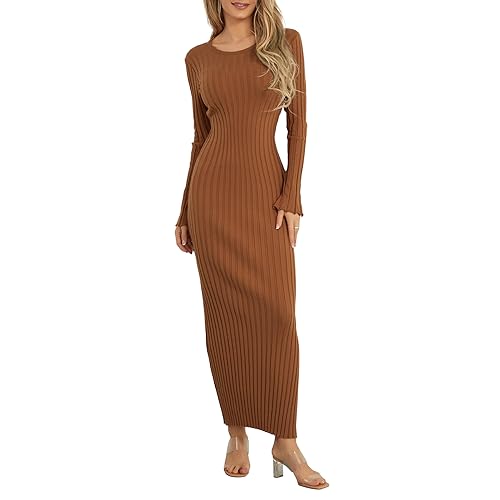 Alaurbeauty Strickkleid Damen Elegant Kleid Langarm Pulloverkleid Eng Maxikleid V-Ausschnitt Partykleid Bodycon Tunika Lang Kleid Strickkleider FüR Clubwear Herbst Winter (Reddish Coffee, S) von Alaurbeauty