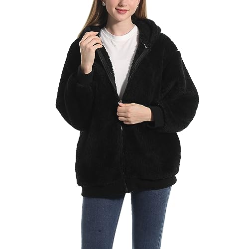 Alaurbeauty Winterjacke Damen Kapuzenpullover Plüschjacke Fleecejacke Weihnachten Outwear Hoodie Winter Warm Hoodie Teenager Mädchen Sweatshirts Plüsch Mantel (Black, XL) von Alaurbeauty