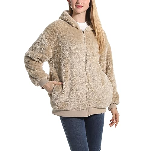 Alaurbeauty Winterjacke Damen Kapuzenpullover Plüschjacke Fleecejacke Weihnachten Outwear Hoodie Winter Warm Hoodie Teenager Mädchen Sweatshirts Plüsch Mantel (Khaki, M) von Alaurbeauty