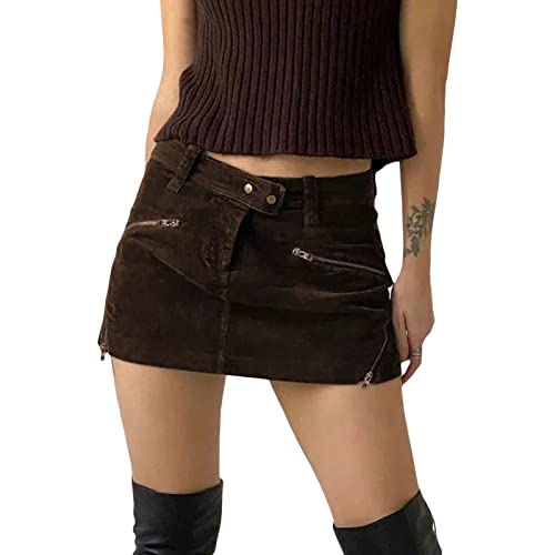 Alaurbeauty Women's Denim Skirt Y2k Mini Jeans Skirts Low Waist Sexy Cargo Denim Skirt Bodycon Short Pencil Denim Skirts with Pockets Harajuku Goth Punk Skirts (Coffee, S) von Alaurbeauty