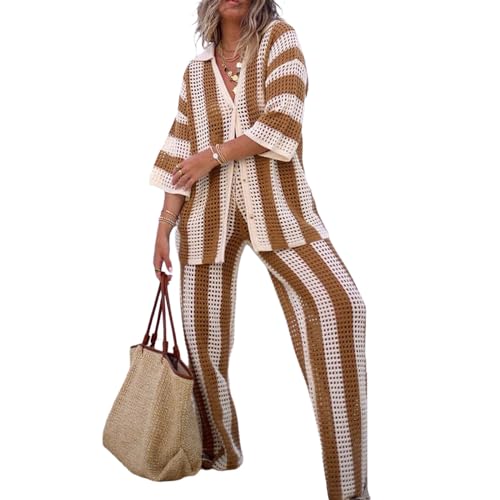 Alaurbeauty Zweiteiler Damen Sommer Set Elegant Hosenanzug Button Down Langarmshirt + High Waist Freizeithose Weite Hose Sommer Herbst Outfit Casual Sommer 2 Stück Loungewear (Khaki, M) von Alaurbeauty