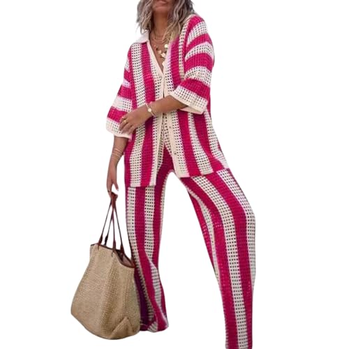 Alaurbeauty Zweiteiler Damen Sommer Set Elegant Hosenanzug Button Down Langarmshirt + High Waist Freizeithose Weite Hose Sommer Herbst Outfit Casual Sommer 2 Stück Loungewear (Rosa, S) von Alaurbeauty
