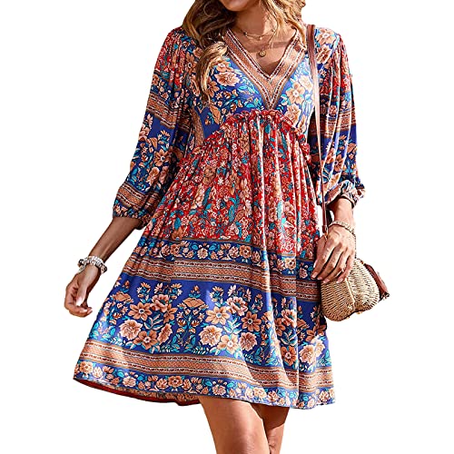 Boho Blumenkleid Damen Langarm Elegant Sommerkleid Strandkleid Knielang V-Ausschnitt Sommer Freizeitkleid A Linie Kleider Lang(B-rot blau,Small) von Alaurbeauty