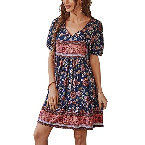 Boho Blumenkleid Damen Langarm Elegant Sommerkleid Strandkleid Knielang V-Ausschnitt Sommer Freizeitkleid A Linie Kleider Lang(H-Navy blau,X-Large) von Alaurbeauty