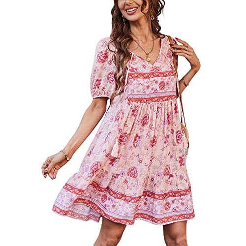 Boho Blumenkleid Damen Langarm Elegant Sommerkleid Strandkleid Knielang V-Ausschnitt Sommer Freizeitkleid A Linie Kleider Lang(H-Rosa,X-Large) von Alaurbeauty