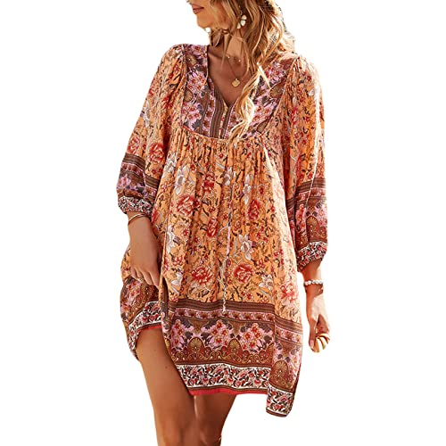 Boho Blumenkleid Damen Langarm Elegant Sommerkleid Strandkleid Knielang V-Ausschnitt Sommer Freizeitkleid A Linie Kleider Lang (A-Orange, Medium) von Alaurbeauty