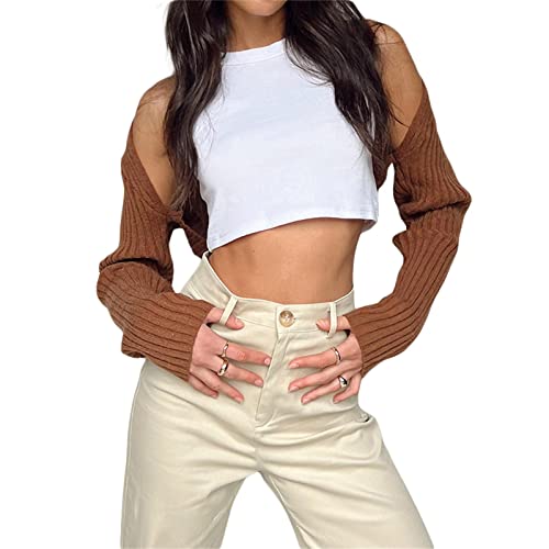 Damen Bolero Strick Oberteil Y2K Shrug Pullover Langarm Crochet Knit Crop Tops Shrugs Achselzucken Pullover Cardigan (A-braun, M) von Alaurbeauty