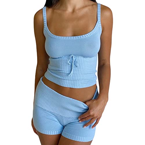 Damen Gerippte Strick Outfits 2-Teilige Y2K Spaghettiträger Crop Top Shorts mit Elastischer Taille Lounge Set Sommer Streetwear (A-Blau, M) von Alaurbeauty