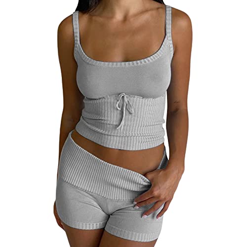 Damen Gerippte Strick Outfits 2-Teilige Y2K Spaghettiträger Crop Top Shorts mit Elastischer Taille Lounge Set Sommer Streetwear (A-Grau, M) von Alaurbeauty