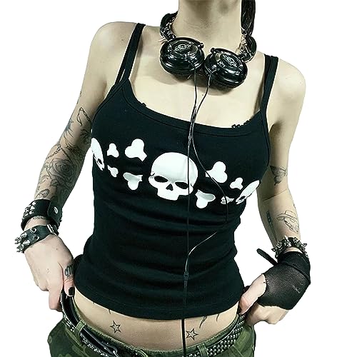 Damen Graphic Print Crop Cami Top Ärmellos Fairy Grunge Vest Tank Tops 90er Vintage Ästhetische Gothic Camisoles E-Girl Y2k Streetwear (Schwarz Stil2, S) von Alaurbeauty