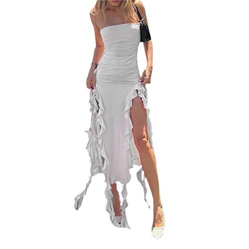 Damen Sexy Quasten Rüschen Langes Kleid Y2K Schulterfrei Eng 3D Blumen Trägerloses Kleid Figurbetontes Sommerkleid mit Schlitz (A-Weiss, S) von Alaurbeauty