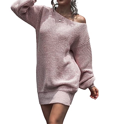 Damen Strickkleid Off Shoulder Pulloverkleid Langarm Loose Herbst Winter Pullikleid Minikleider Knit Sweater Dress (Rosa, XL) von Alaurbeauty