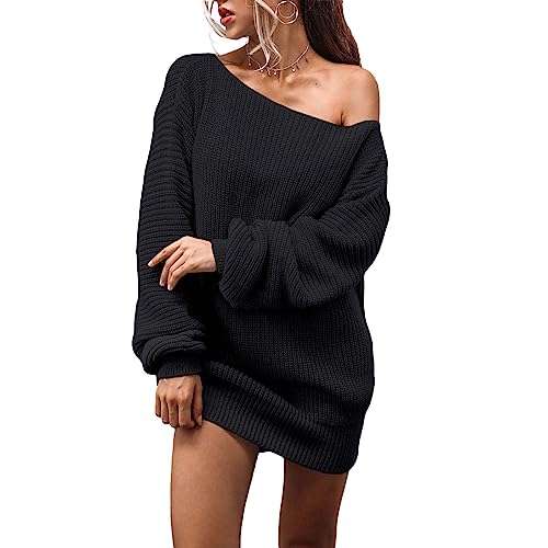 Damen Strickkleid Off Shoulder Pulloverkleid Langarm Loose Herbst Winter Pullikleid Minikleider Knit Sweater Dress (Schwarz, L) von Alaurbeauty